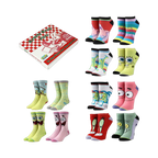 Product shot of twelve pairs of SpongeBob SquarePants socks in a box.  Ankle and crew socks feature various characters and colors.