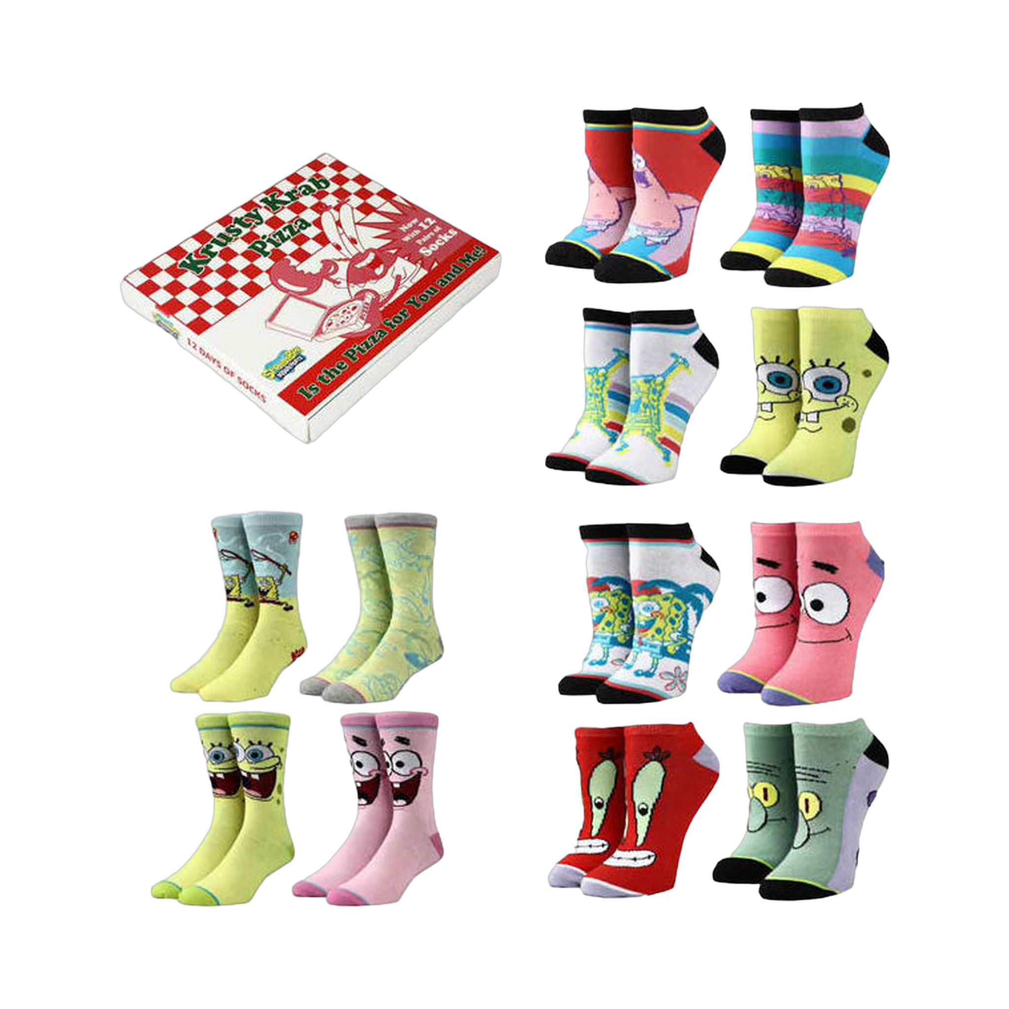 Product shot of twelve pairs of SpongeBob SquarePants socks in a box.  Ankle and crew socks feature various characters and colors.
