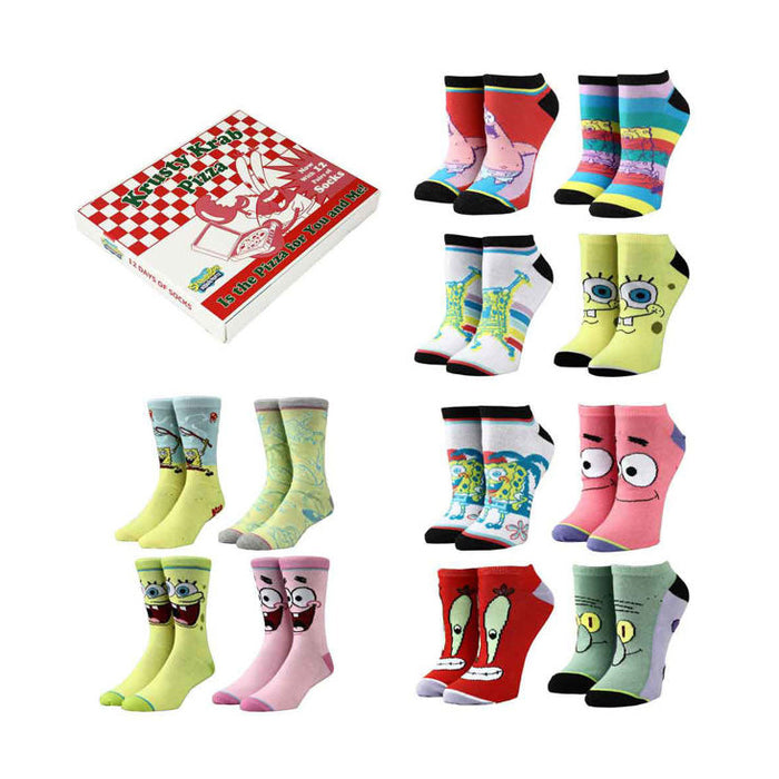 novelty spongebob squarepants socks with 12 different character patterns. bright and colorful.   