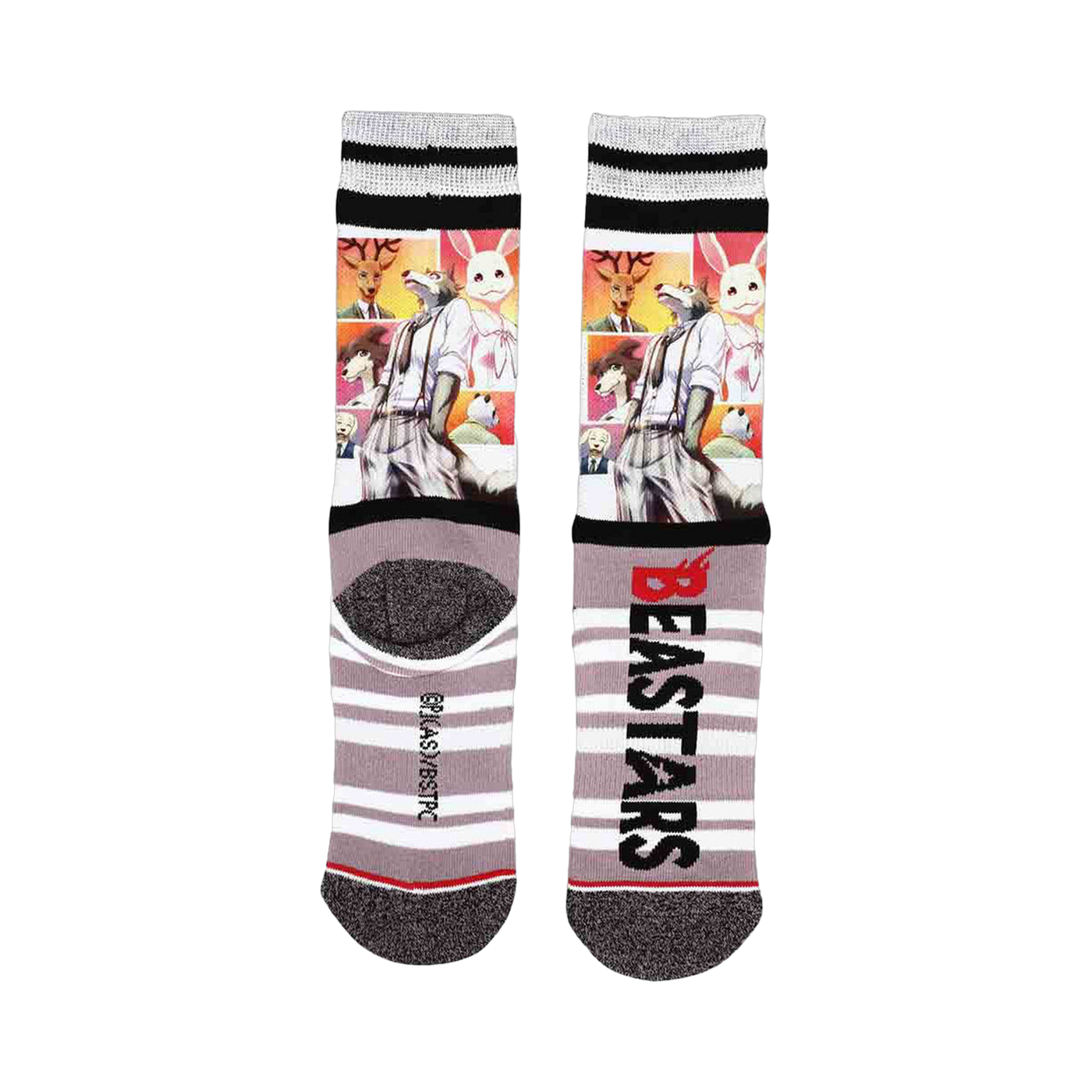 Alternate view of Beastars crew socks showcasing the full design, including character portraits and logo.