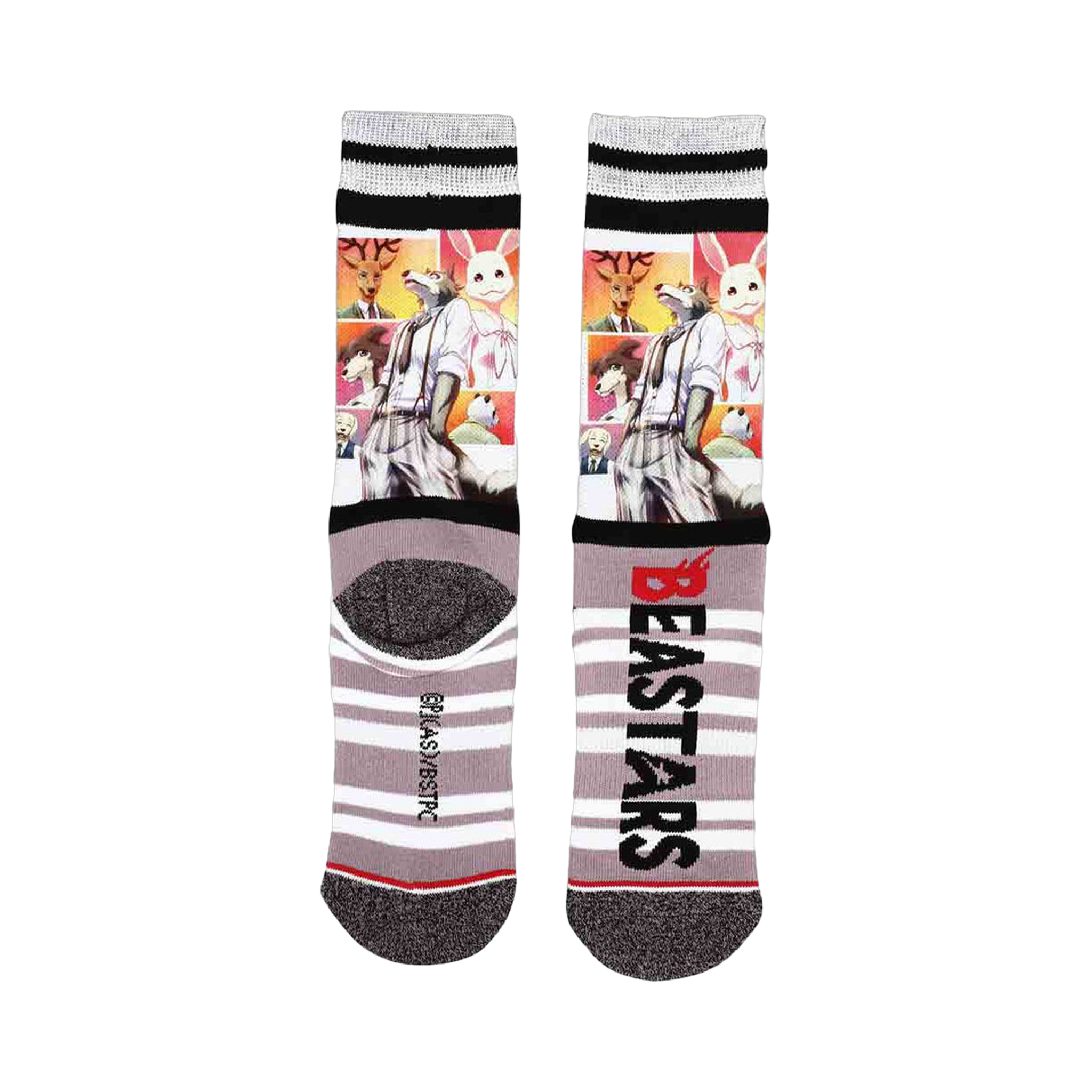 Alternate view of Beastars crew socks showcasing the full design, including character portraits and logo.