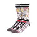 Crew socks in gray, black, and white, featuring vibrant sublimated images of Beastars characters Legoshi and Louis.