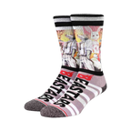 Crew socks in gray, black, and white, featuring vibrant sublimated images of Beastars characters Legoshi and Louis.