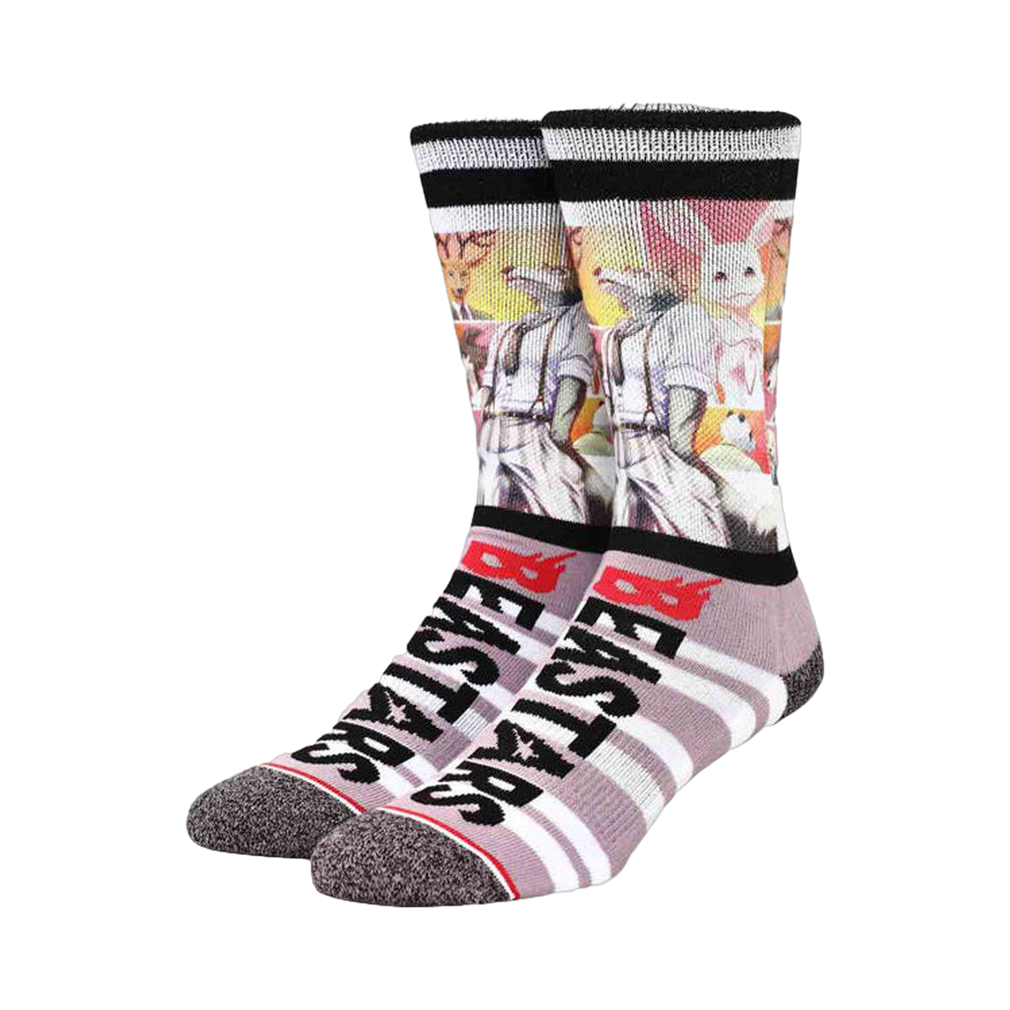Crew socks in gray, black, and white, featuring vibrant sublimated images of Beastars characters Legoshi and Louis.