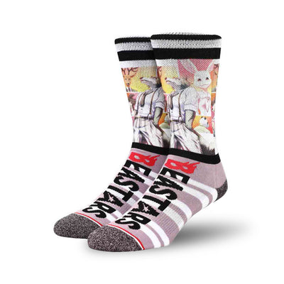 white crew socks with sublimated prints of beastars characters; great for fans of the anime.   