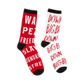 Pair of crew socks; one red with white text, one white with red text.  Text includes phrases like 'WAR IS PEACE'.