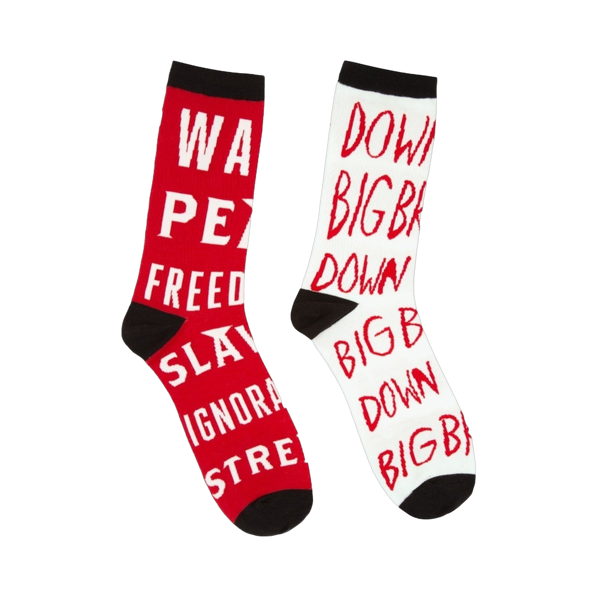 Pair of crew socks; one red with white text, one white with red text.  Text includes phrases like 'WAR IS PEACE'.