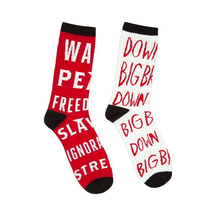 Pair of crew socks; one red with white text, one white with red text.  Text includes phrases like 'WAR IS PEACE'. }}