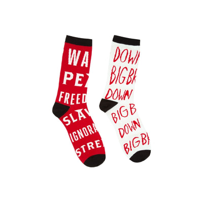Pair of crew socks; one red with white text, one white with red text.  Text includes phrases like 'WAR IS PEACE'.