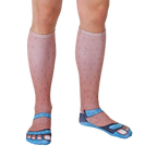 Another full view of the Socks & Sandals Tan socks, showing the hairy leg and sandal design on a pair of legs. [lf]
