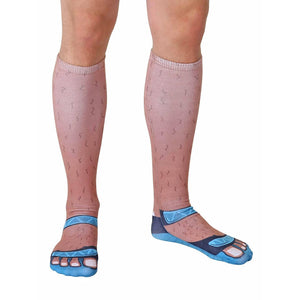 A pair of flesh-tone socks with a pattern of brown hair and blue sandals.