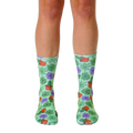 A pair of crew socks in pastel green, adorned with a repeating pattern of purple and green succulents in terracotta pots. [lf]