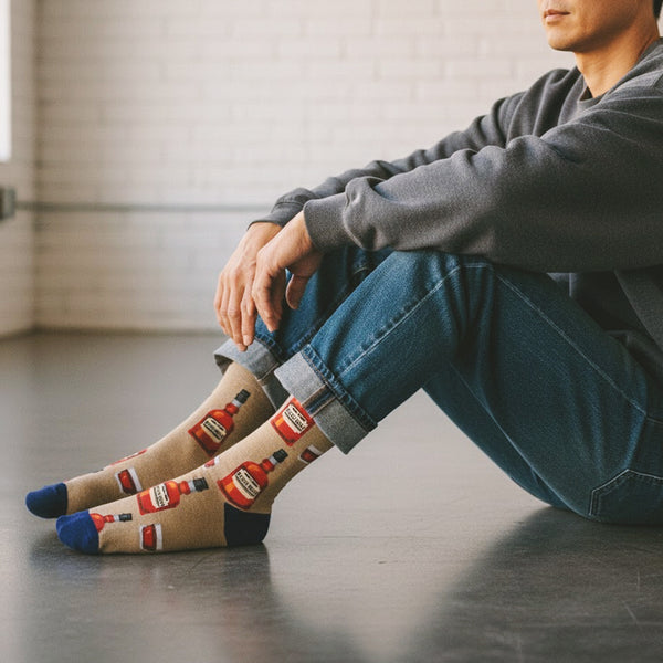 Model sitting indoors wearing tan crew socks with red liquor bottle pattern, blue jeans & grey sweatshirt. [lf]