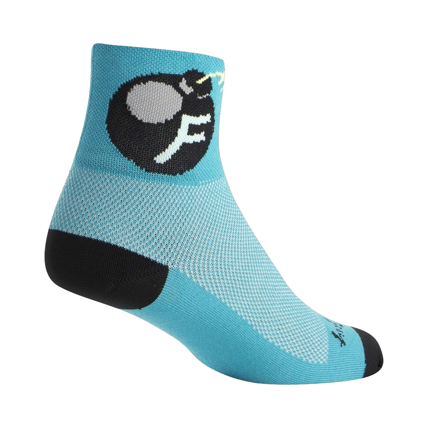 Teal ankle socks with a black and gray 'F'bomb graphic.  Breathable mesh fabric and black heel/toe.
