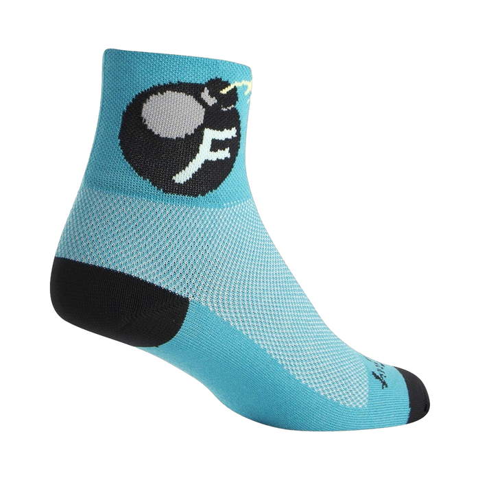 Teal ankle socks with a black and gray 'F'bomb graphic.  Breathable mesh fabric and black heel/toe.