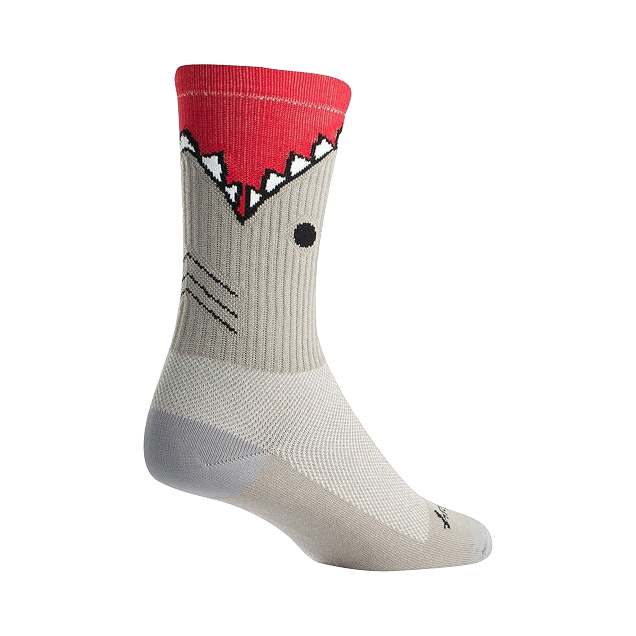 Grey crew socks with a red shark-mouth design on the top.  Fun, casual style.