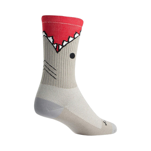 Grey crew socks with a red shark-mouth design on the top.  Fun, casual style.