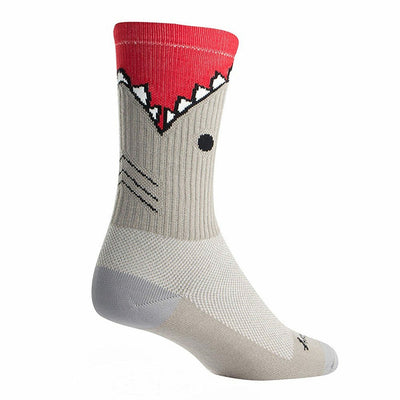 Grey crew socks with a red shark-mouth design on the top.  Fun, casual style.