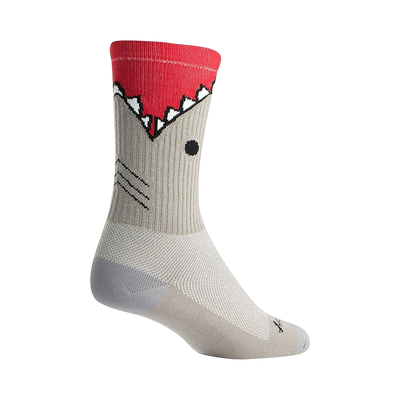 Grey crew socks with a red shark-mouth design on the top.  Fun, casual style.