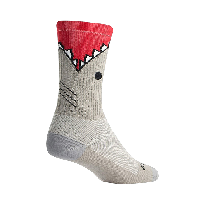 Grey crew socks with a red shark-mouth design on the top.  Fun, casual style.