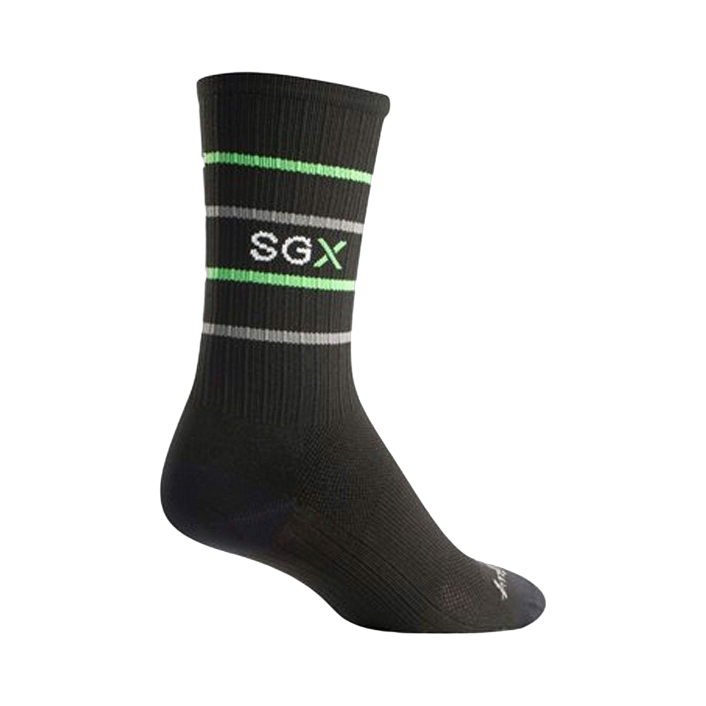 Black crew socks with grey and neon green stripes. The SGX logo is displayed on the sock.