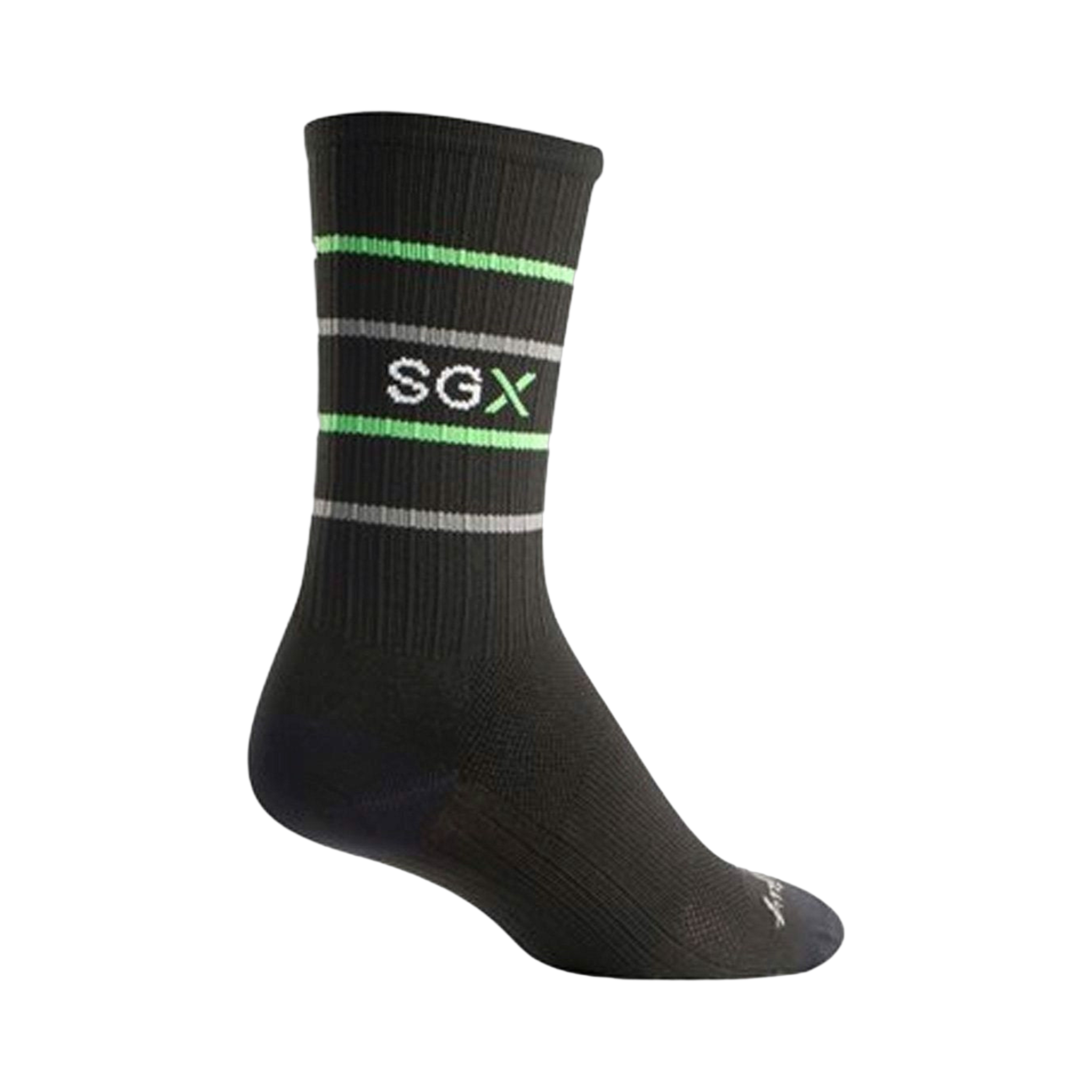 Black crew socks with grey and neon green stripes. The SGX logo is displayed on the sock.