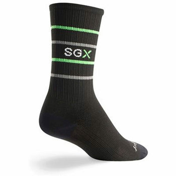 here is your alt text:  black men's and women's crew socks with green and gray stripes have reflective gray sgx logo.   