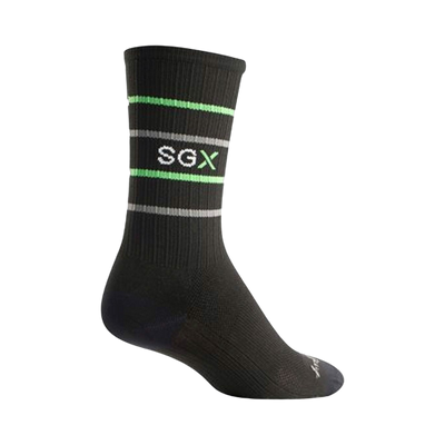 Black crew socks with grey and neon green stripes. The SGX logo is displayed on the sock.