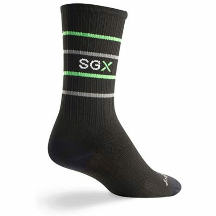 here is your alt text:  black men's and women's crew socks with green and gray stripes have reflective gray sgx logo.    }}