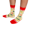 Close-up of a person's legs wearing the ramen crew socks, standing on a white background.
