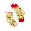 Two ramen crew socks on a black background; one with a white cuff and toe, the other with a red cuff and toe.