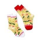 Two ramen crew socks on a black background; one with a white cuff and toe, the other with a red cuff and toe.