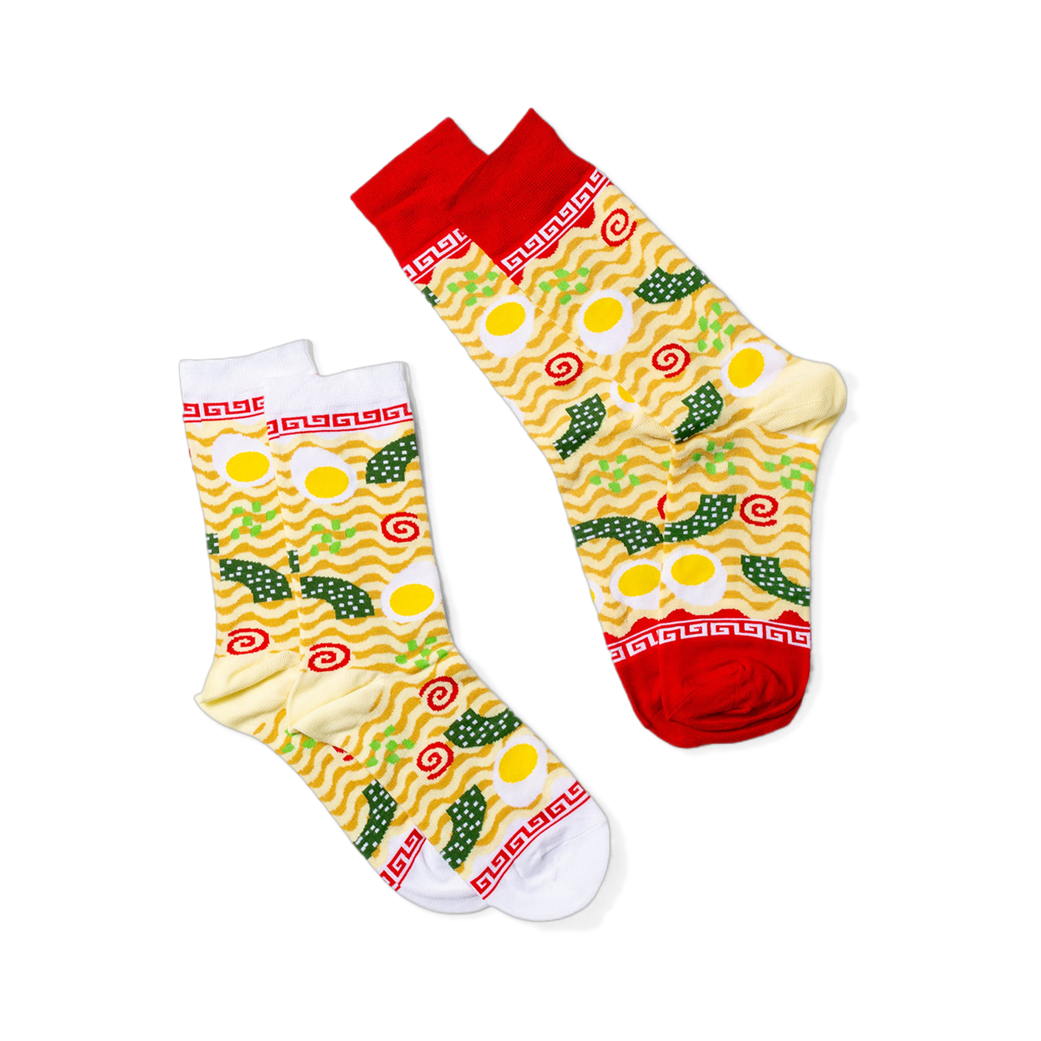 Two ramen crew socks on a black background; one with a white cuff and toe, the other with a red cuff and toe.