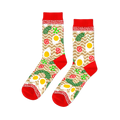 Pair of crew socks with a ramen noodle and fried egg pattern on a beige background, with red cuffs, heels, and toes.