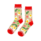 Pair of crew socks with a ramen noodle and fried egg pattern on a beige background, with red cuffs, heels, and toes.