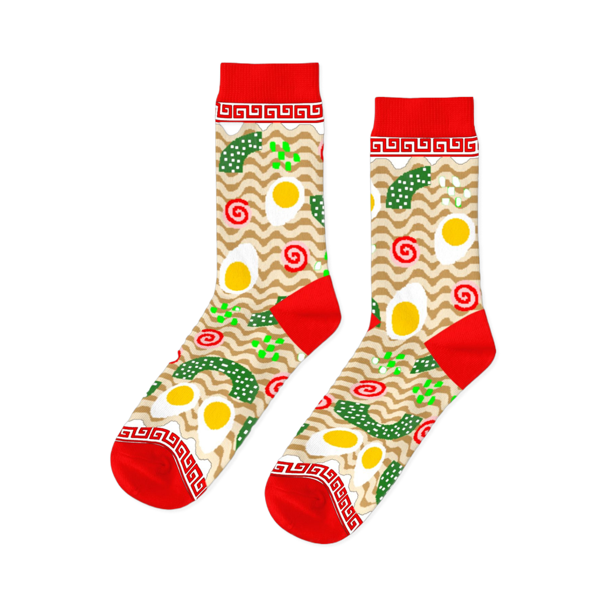 Pair of crew socks with a ramen noodle and fried egg pattern on a beige background, with red cuffs, heels, and toes.