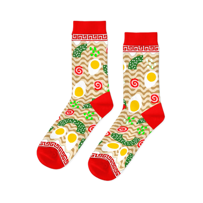 Pair of crew socks with a ramen noodle and fried egg pattern on a beige background, with red cuffs, heels, and toes.