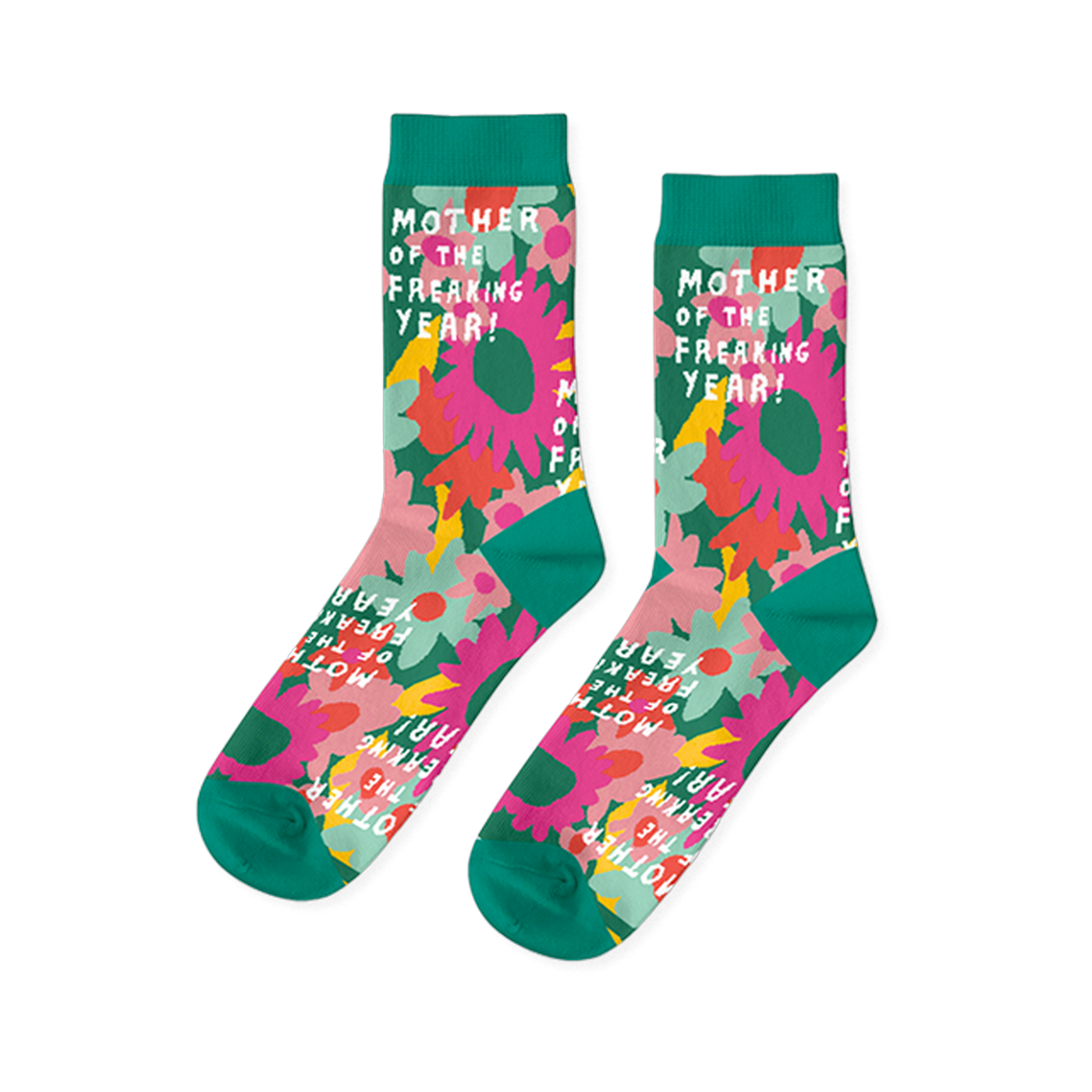 Pair of crew socks with pink, orange, and yellow flowers on a green background and teal cuffs, heels, toes.
