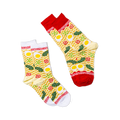 Ramen themed socks with wavy yellow noodles, fried eggs, green onions, and seaweed. Red & white cuffs feature a classic ramen