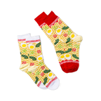 Ramen themed socks with wavy yellow noodles, fried eggs, green onions, and seaweed. Red & white cuffs feature a classic ramen