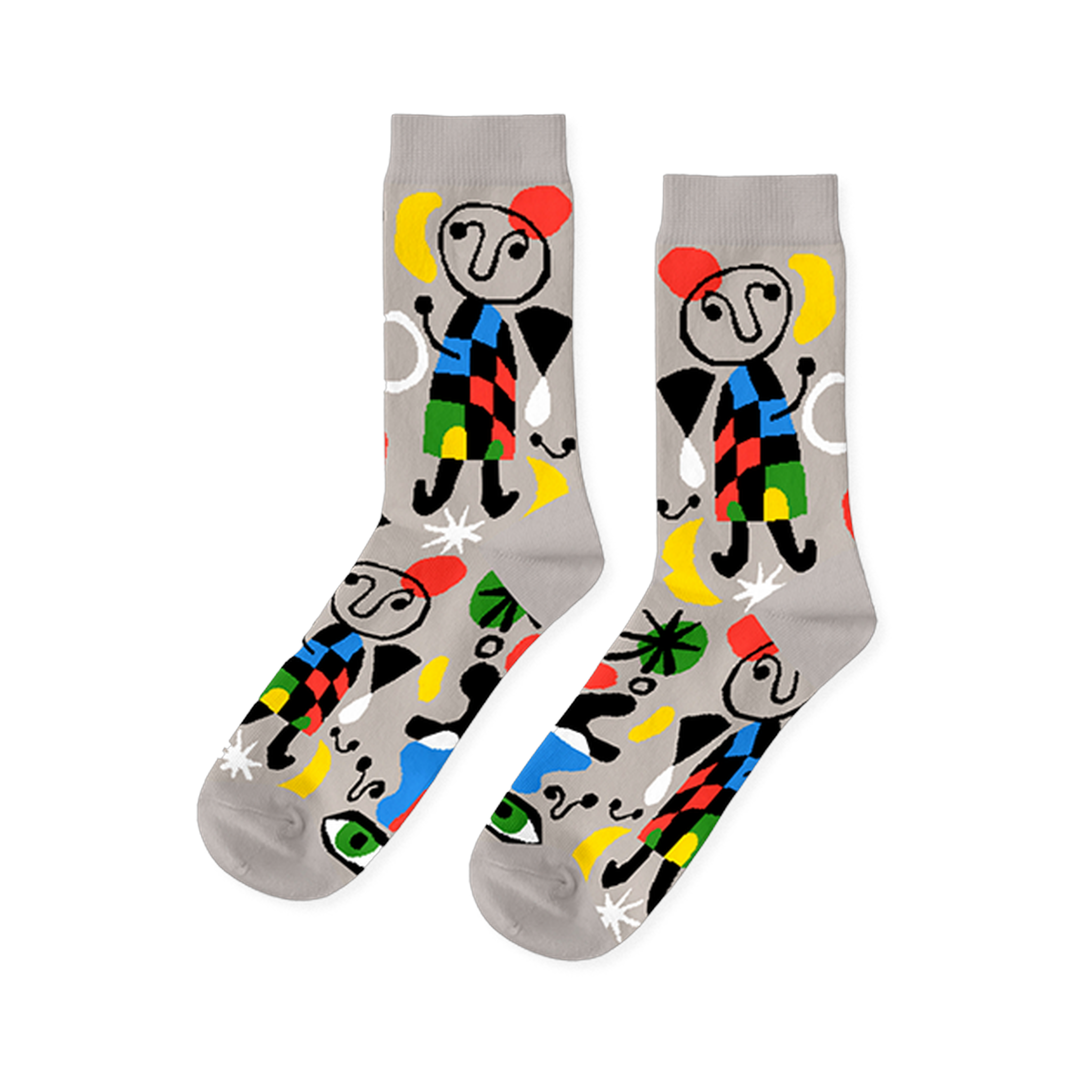 A pair of light grey crew socks with a vibrant abstract pattern, featuring black-outlined figures, colorful shapes, and green eyes.