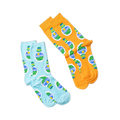 Two pairs of socks, one orange and one light blue, both with a ranch dressing bottle pattern, laid flat on black.