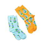 Two pairs of socks, one orange and one light blue, both with a ranch dressing bottle pattern, laid flat on black.