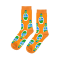 A pair of bright orange crew socks with an all-over repeating pattern of white ranch dressing bottles with green and blue accents.