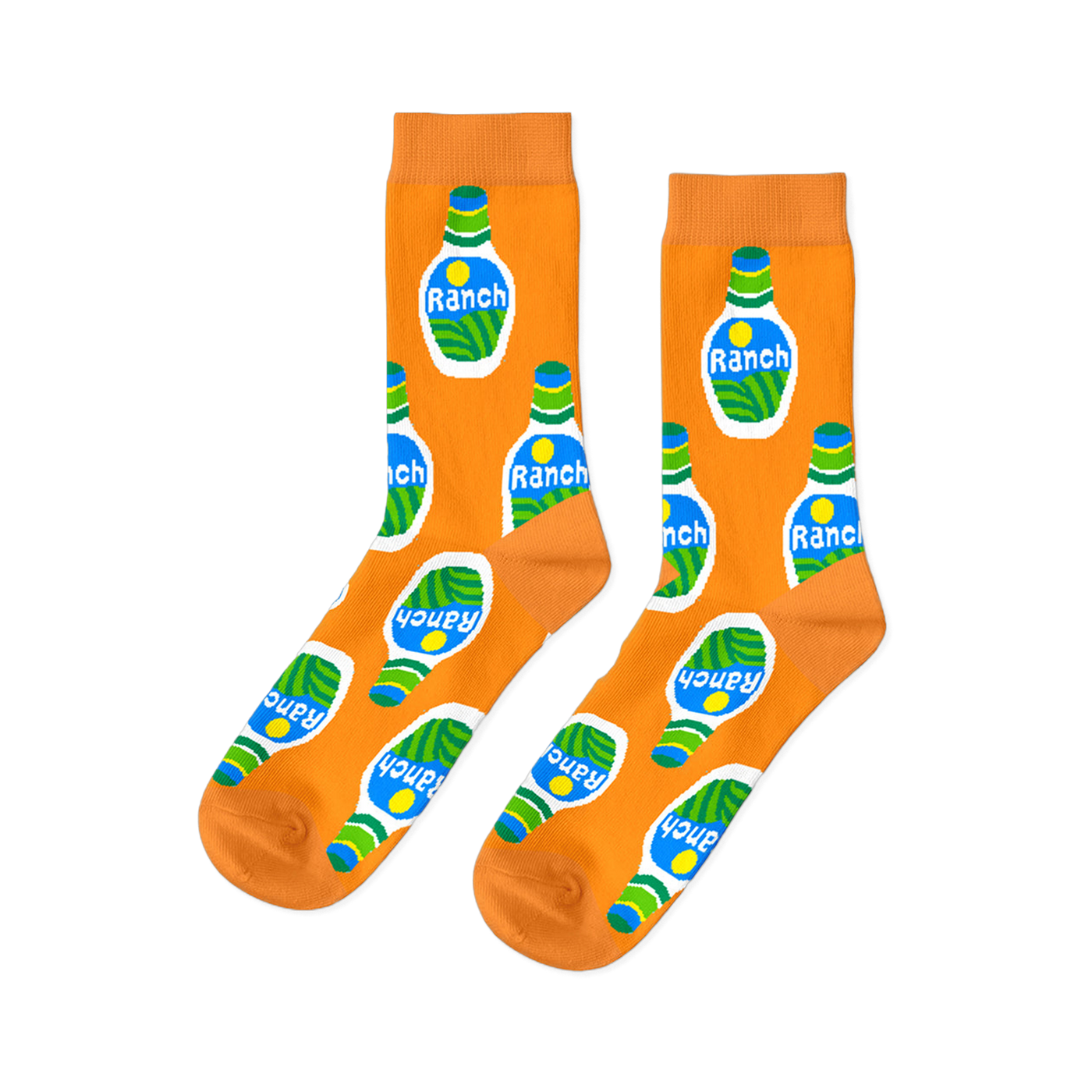 A pair of bright orange crew socks with an all-over repeating pattern of white ranch dressing bottles with green and blue accents.