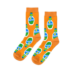 A pair of bright orange crew socks with an all-over repeating pattern of white ranch dressing bottles with green and blue accents.