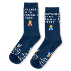 Flat lay of navy blue crew socks with white text reading FATHER OF THE FREAKING YEAR and a gold medal with colorful ribbons.