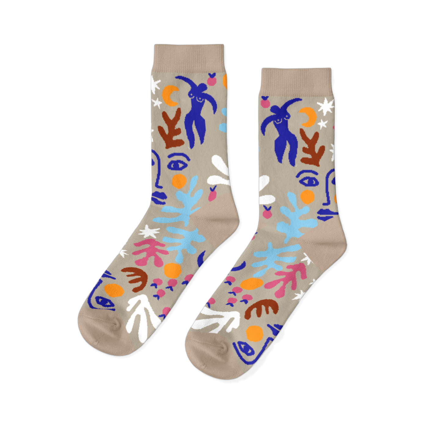 Pair of crew socks with an abstract Matisse-inspired pattern featuring blue figures, faces, stars, and leaves on a tan background.