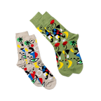 Two pairs of abstract art crew socks. One pair is olive green, the other light beige, both with colorful art patterns.