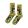 Pair of olive green crew socks with abstract art pattern, featuring stick figures, red stars, yellow moons, and colorful geometric shapes.